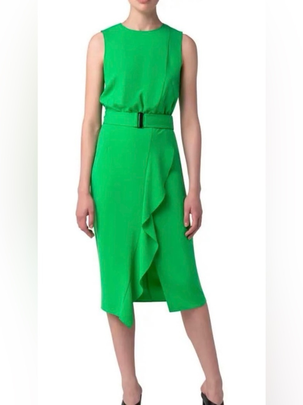 AKRIS punto Green Sleeveless Belted Ruffle Midi Dress | Size 8